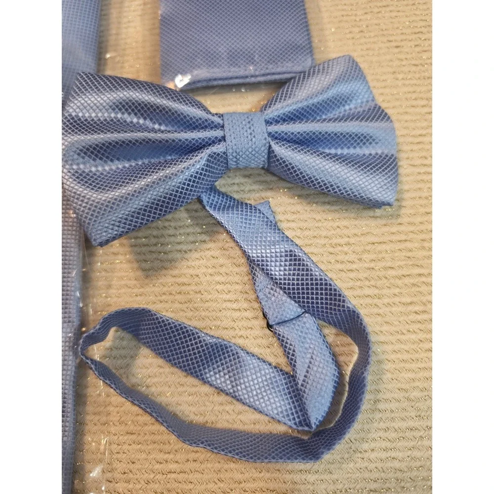 Mens Light Blue Necktie Bow Tie and Pocket Square Set Textured Formal 3-Piece